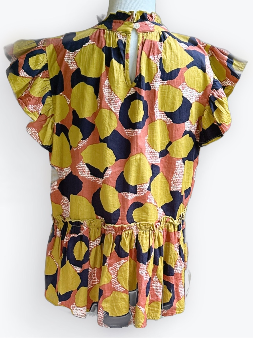 Modern Bohemian Whimsical Ruffled Artisan Spotted Cinched Waist Peplum Top ~ L - Picture 3 of 12